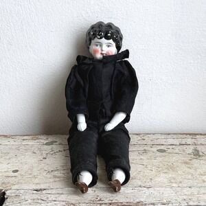 Antique German China Head Doll Black Molded Hair Cloth Body 10" Mid 19th Century